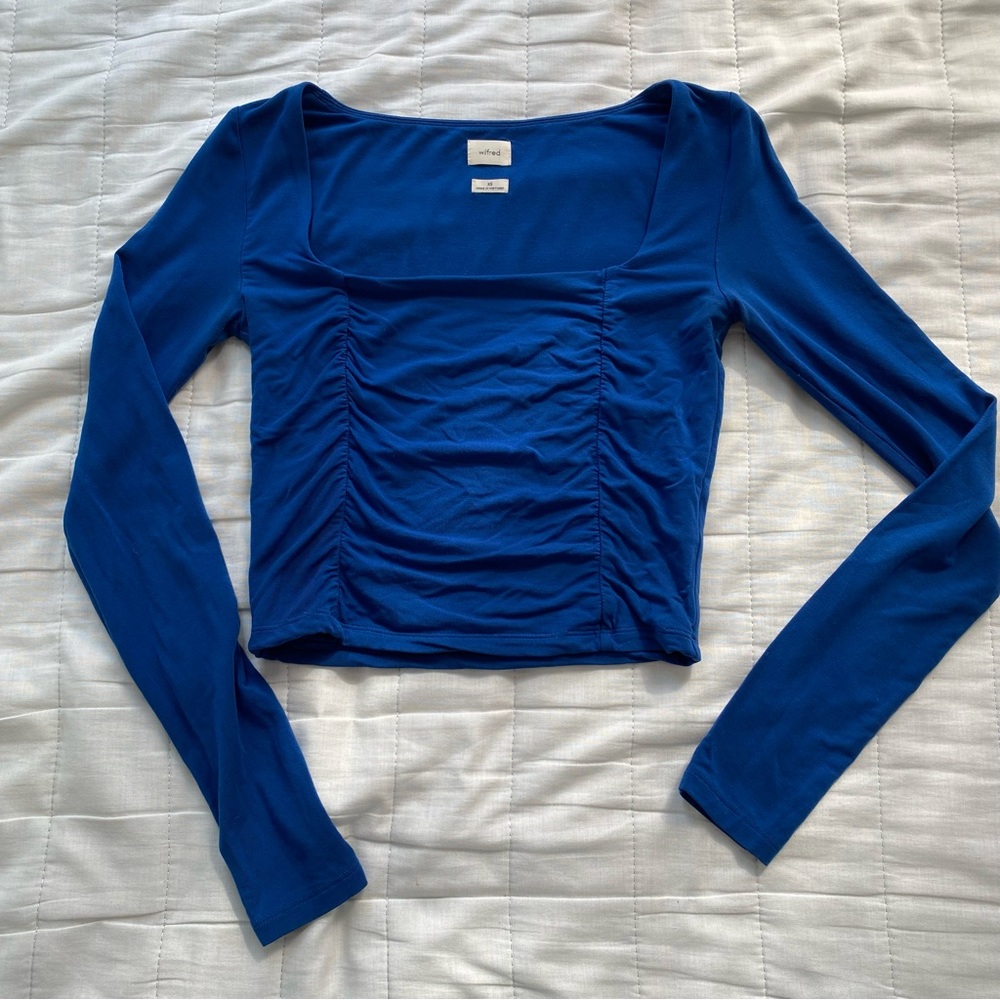 Wilfred Cobalt Blue Ruched Long-Sleeve Crop Top